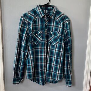 American Eagle Outfitters Teal and Black Plaid Button-Down Shirt